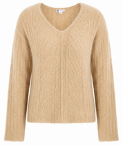  Rockmans Women's Beige Fuzzy Knit V-Neck Jumper in UK Size M. A cosy, versatile textured knit with long sleeves, perfect for stylish everyday and seasonal layering