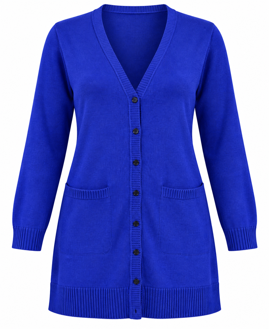  Rogers women’s royal blue longline cardigan in UK Size 26, featuring a button front, V-neck, long sleeves and practical pockets. Stylish everyday layering.