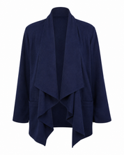 Shop the Roman girl Navy Blue Wrap Collar Jacket, featuring long sleeves, stylish rolled cuffs and practical pockets. Perfect for elegant everyday and smart-casual outfits.
