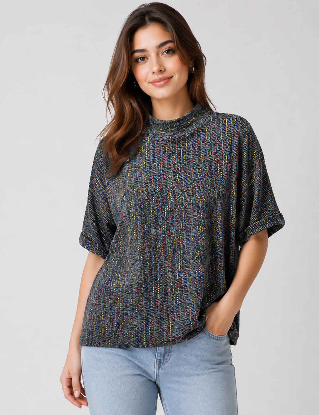 ROMAN Multicoloured Textured Mock Neck Top in UK Size L. Stylish charcoal design with colourful fleck detailing, relaxed fit and versatile casual styling.