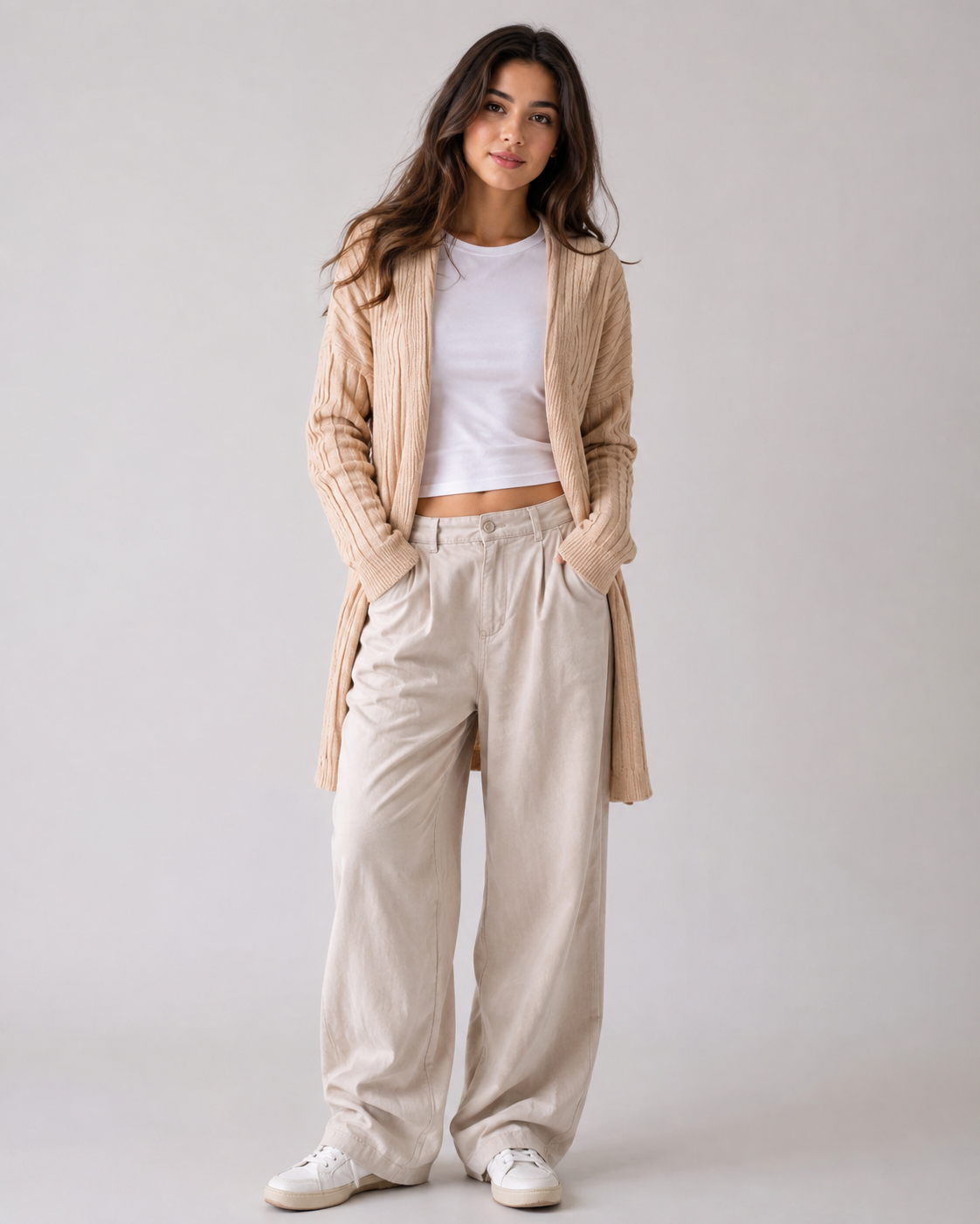 ROMAN beige ribbed open-front cardigan in UK Size 16. Stylish longline knit with long sleeves, perfect for casual layering and everyday outfits.