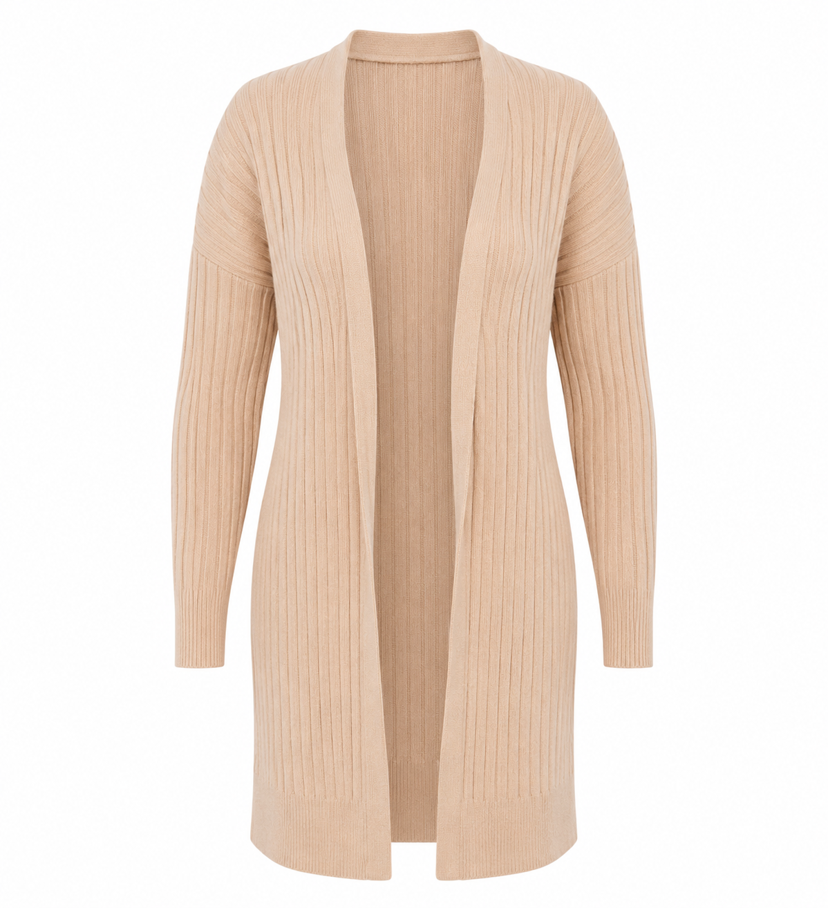 ROMAN beige ribbed open-front cardigan in UK Size 16. Stylish longline knit with long sleeves, perfect for casual layering and everyday outfits.
