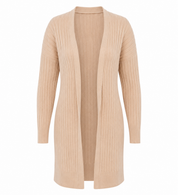 ROMAN beige ribbed open-front cardigan in UK Size 16. Stylish longline knit with long sleeves, perfect for casual layering and everyday outfits.