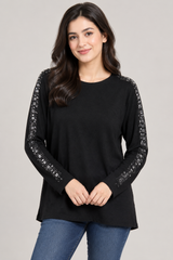 ROMAN Women Black Long Sleeve Top with Silver Embellished Sleeves