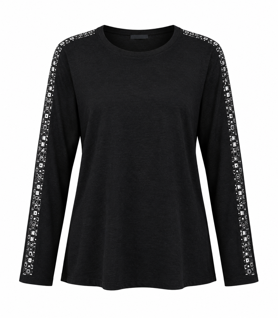 the ROMAN women's black long sleeve top in UK size 2XL, featuring stylish silver geometric embellishments on the sleeves and a classic round neckline.