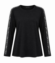 the ROMAN women's black long sleeve top in UK size 2XL, featuring stylish silver geometric embellishments on the sleeves and a classic round neckline.