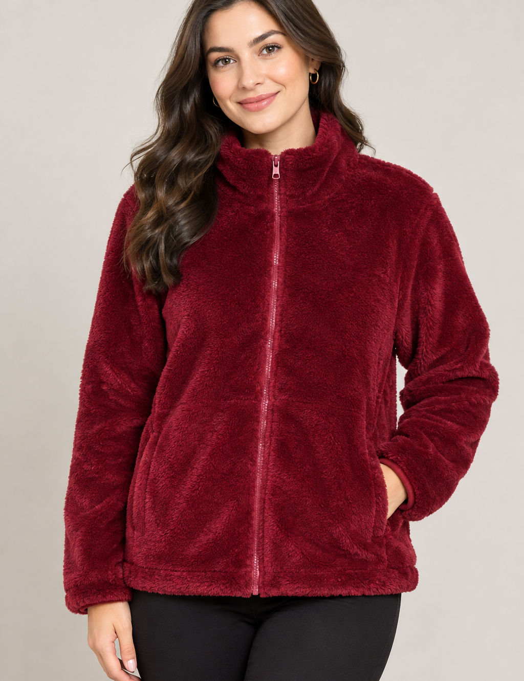  Roman women's burgundy fleece jacket in UK XL. Soft plush texture, high neck and full zip fastening make it ideal for comfortable everyday and winter wear.