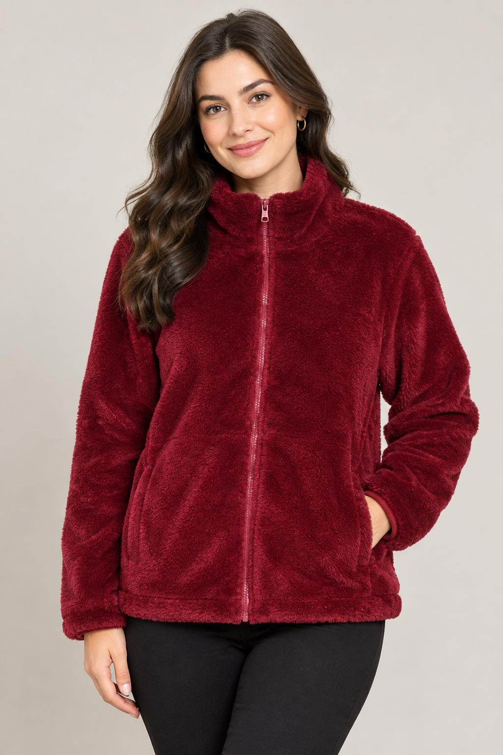  Roman women's burgundy fleece jacket in UK XL. Soft plush texture, high neck and full zip fastening make it ideal for comfortable everyday and winter wear.