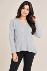 ROMAN Women Light Grey V-Neck Ribbed Knit Jumper with High-Low Hem