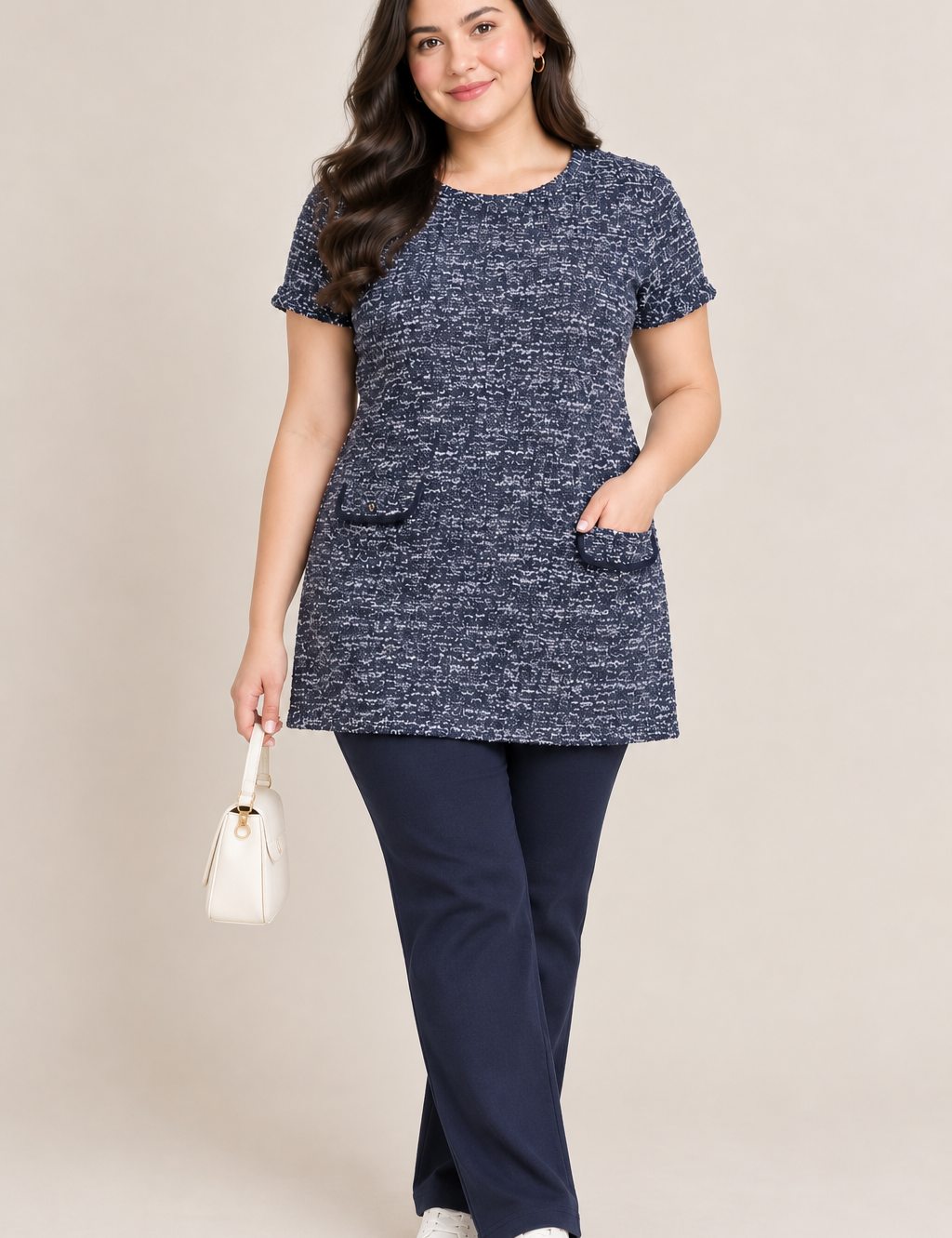  ROMAN women’s navy speckled tunic dress in UK 4XL. Features short sleeves, round neck and front pockets for stylish everyday wear.