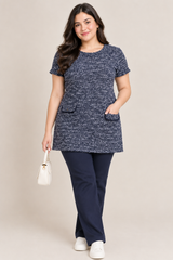 ROMAN Women Navy Speckled Short Sleeve Tunic Dress with Front Pockets