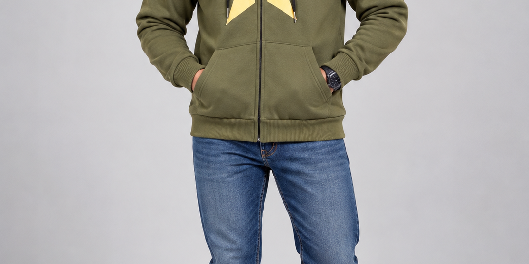 ROMWE Men's Olive Green Star Print Zip-Up Hoodie in UK XL. Chest 24", length 27". Stylish casual streetwear hoodie for everyday comfort.