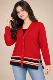 SALLY women’s red button-front cardigan in UK Size M, featuring a V-neck, long sleeves, striped hem detailing and stylish side slits.