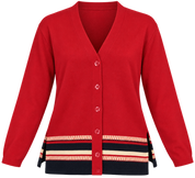 SALLY women’s red button-front cardigan in UK Size M, featuring a V-neck, long sleeves, striped hem detailing and stylish side slits.