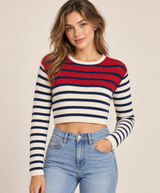 SC&CO Women Cream, Navy & Red Striped Knit crop