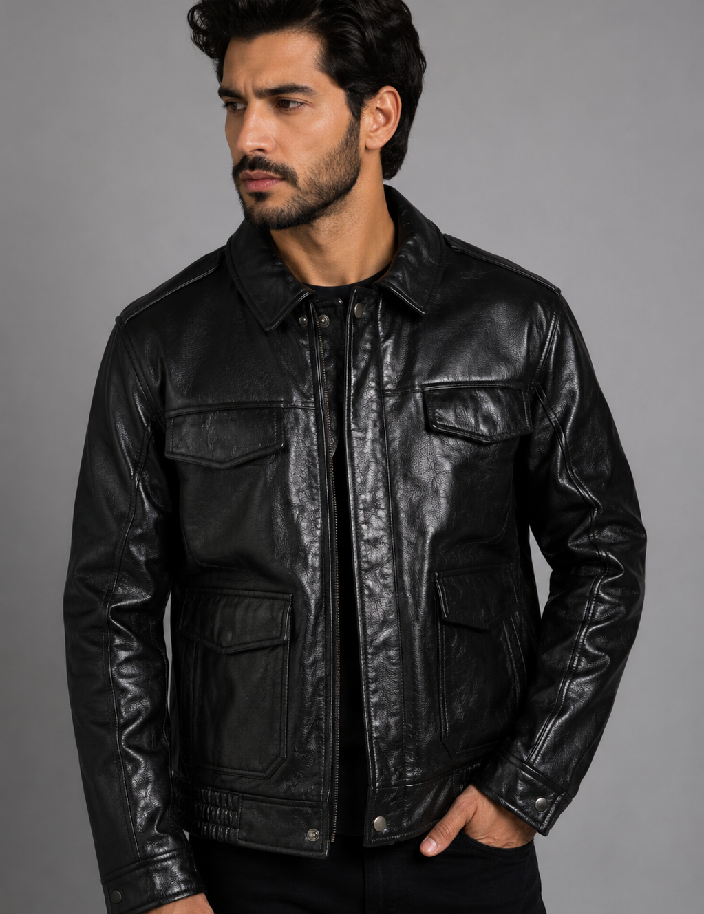  Schott black leather jacket for men, featuring a classic design, multiple pockets, ribbed hem and timeless vintage-inspired style.