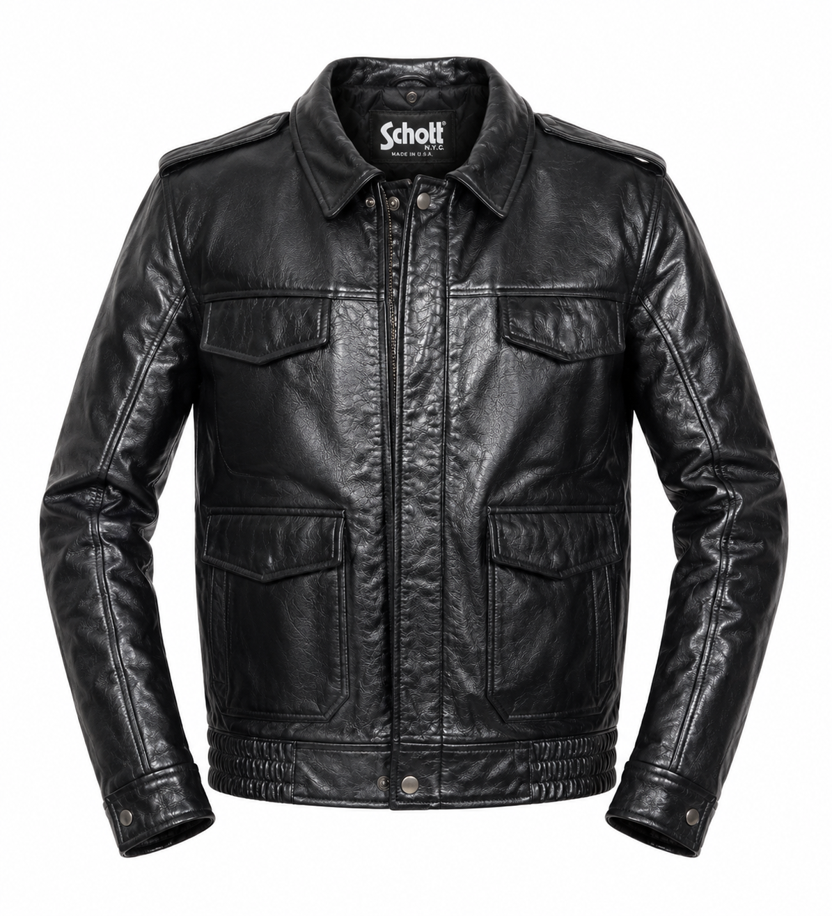 Schott black leather jacket for men, featuring a classic design, multiple pockets, ribbed hem and timeless vintage-inspired style.
