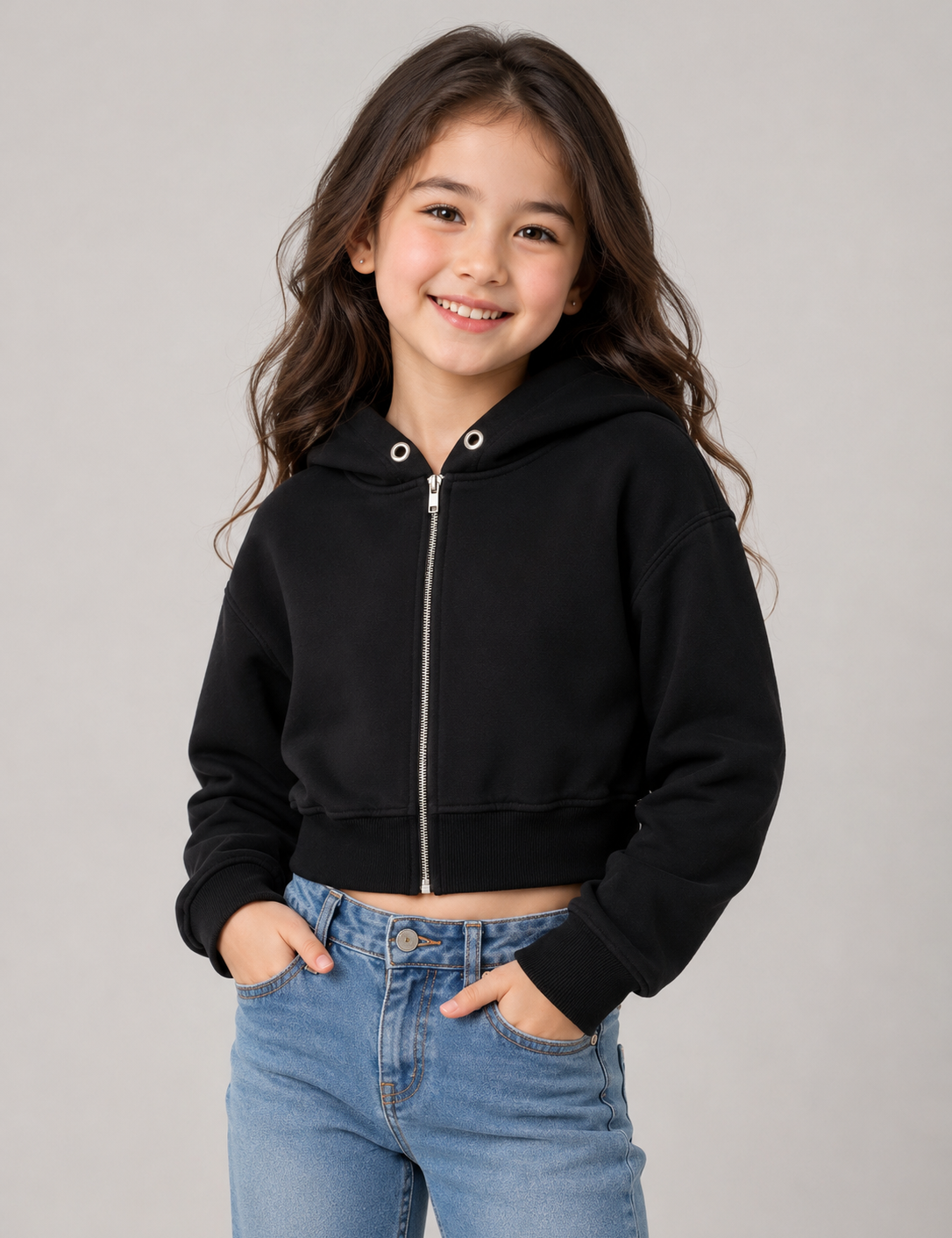  SELECT Black Cropped Hooded Zip-Up Jacket in UK Size M. Stylish casual design with hood, full zip fastening, long sleeves and ribbed trim.