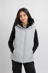 Select Girls Light Grey Faux Fur Hooded Quilted Puffer Gilet