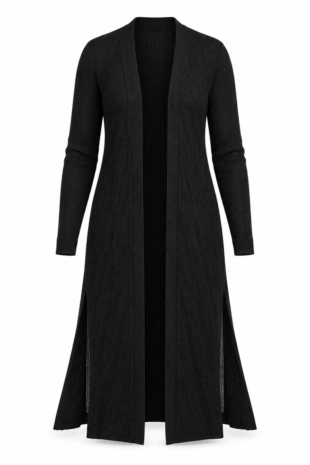   Select women’s black longline knit cardigan in UK size 14, featuring an open front, long sleeves and side slits for effortless layering.