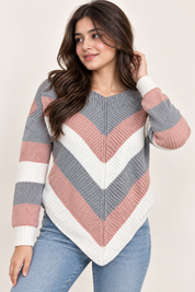 SELECT women’s chevron knitted jumper in UK Size L. Stylish grey, pink and white colour-block design with a cosy knit and comfortable fit.