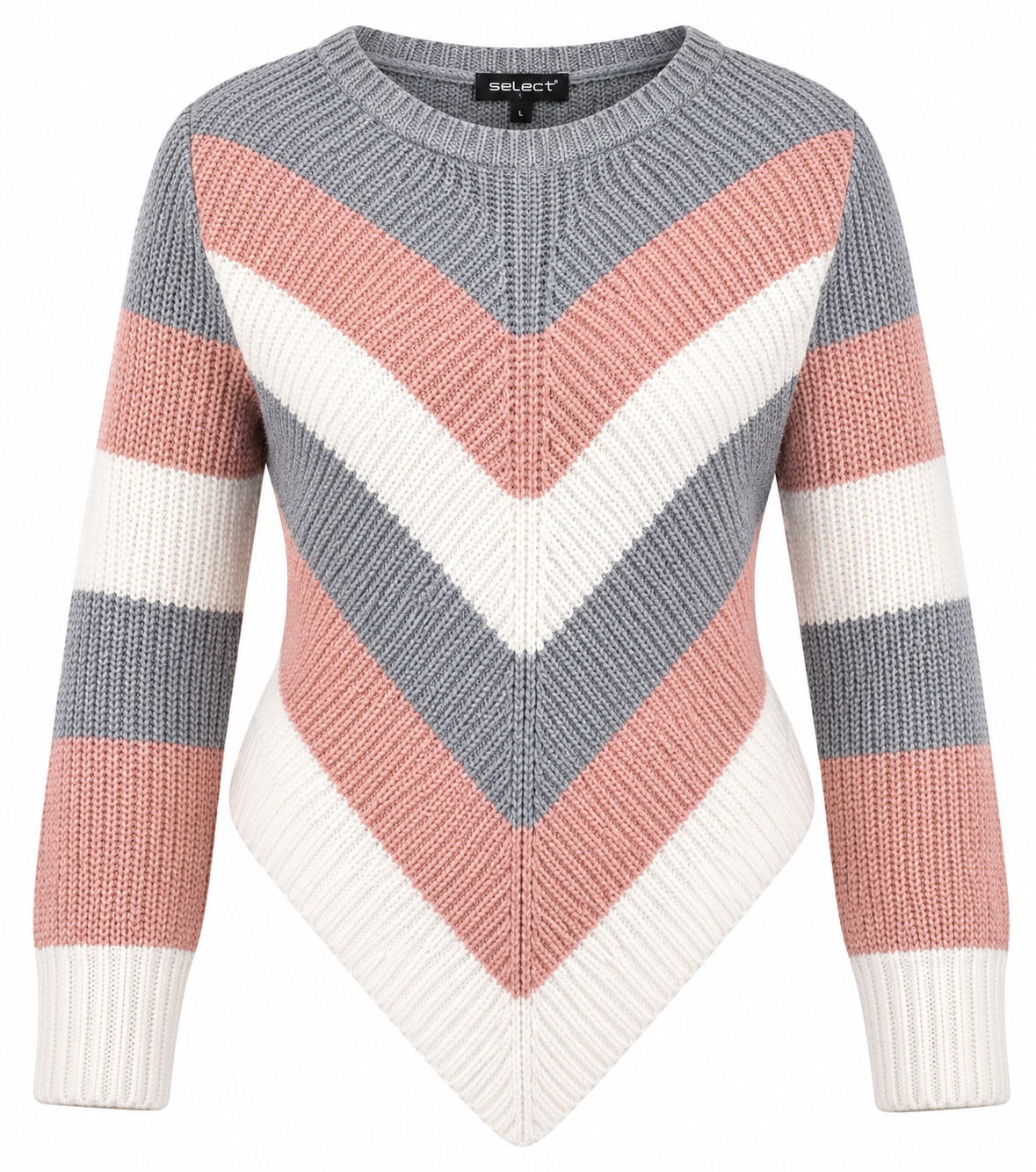 SELECT women’s chevron knitted jumper in UK Size L. Stylish grey, pink and white colour-block design with a cosy knit and comfortable fit.