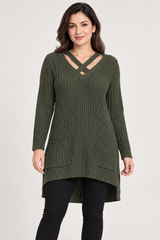 Select Women Olive Green Cross-Neck Knit Tunic Jumper