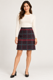   Select women’s tartan A-line skirt in UK size 6. Red, grey and charcoal checks make it easy to style for casual days or smart outfits.