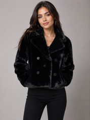  Select Women’s Black Faux Fur Coat in UK Size M. Stylish double-breasted design with a soft plush finish, wide collar and cosy winter appeals.