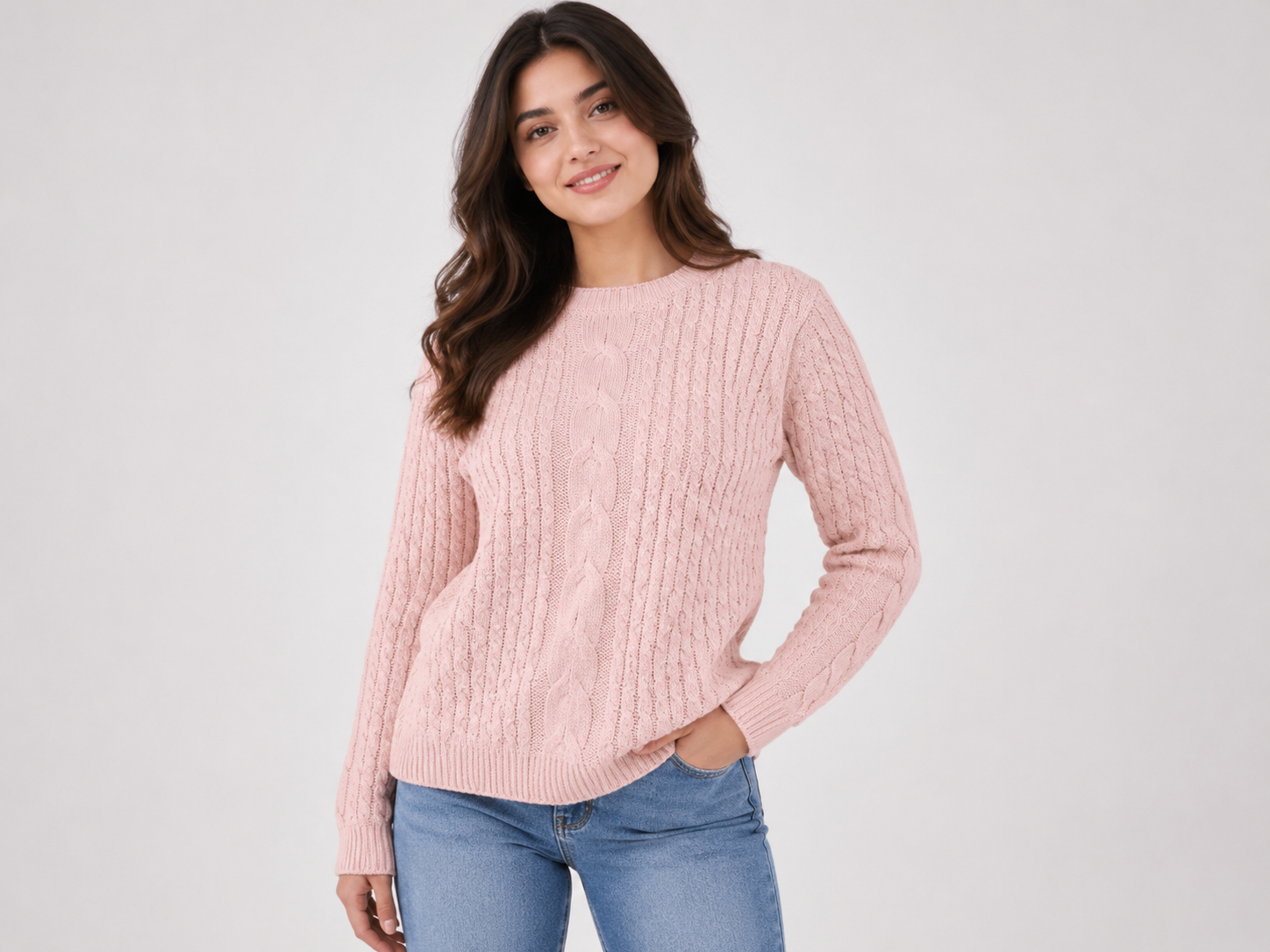 SELECT women's pink cable knit jumper in UK size XL. Stylish long sleeve sweater with textured cable knit design, perfect for casual and cosy everyday outfits.