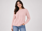 SELECT women's pink cable knit jumper in UK size XL. Stylish long sleeve sweater with textured cable knit design, perfect for casual and cosy everyday outfits.
