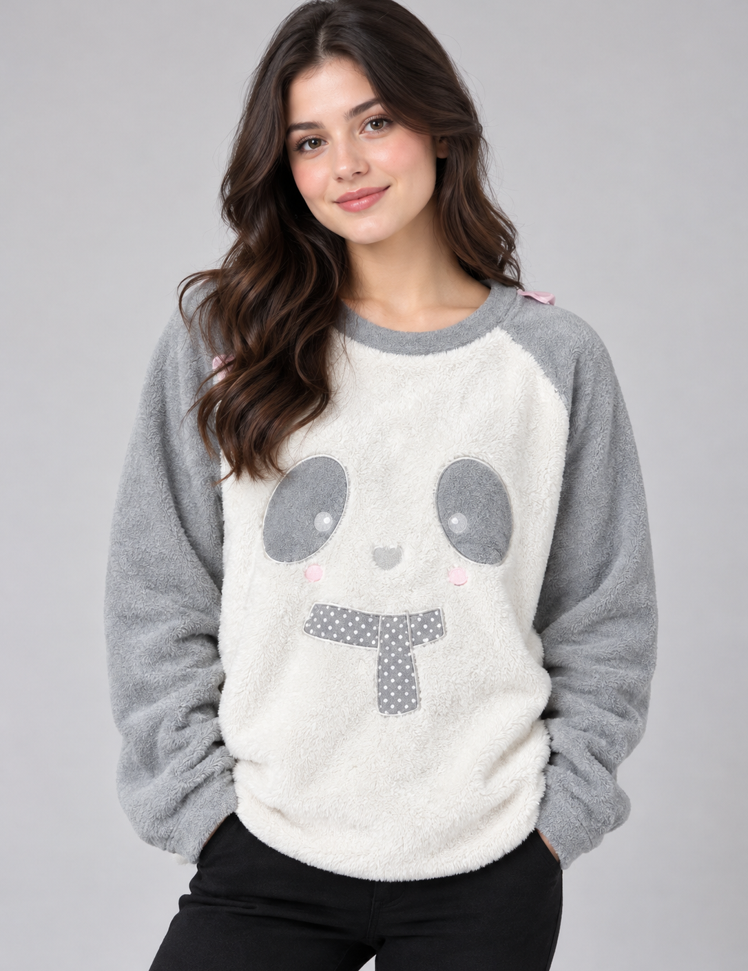  the Selena Secrets Women’s Panda Fleece Sweatshirt in UK Size L. Soft, cozy cream and grey design with a cute panda motif, perfect for casual and winter wear.