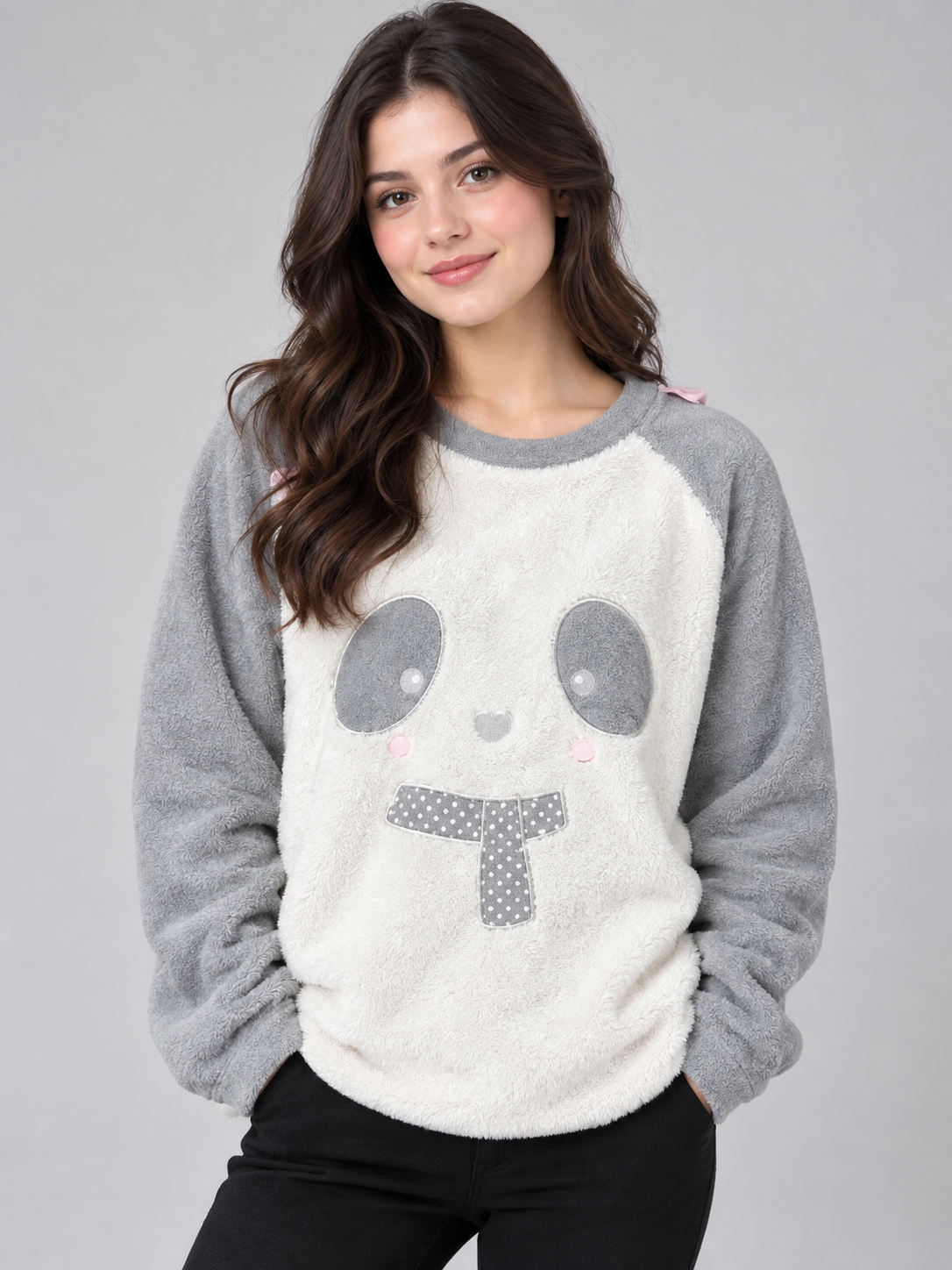  the Selena Secrets Women’s Panda Fleece Sweatshirt in UK Size L. Soft, cozy cream and grey design with a cute panda motif, perfect for casual and winter wear.