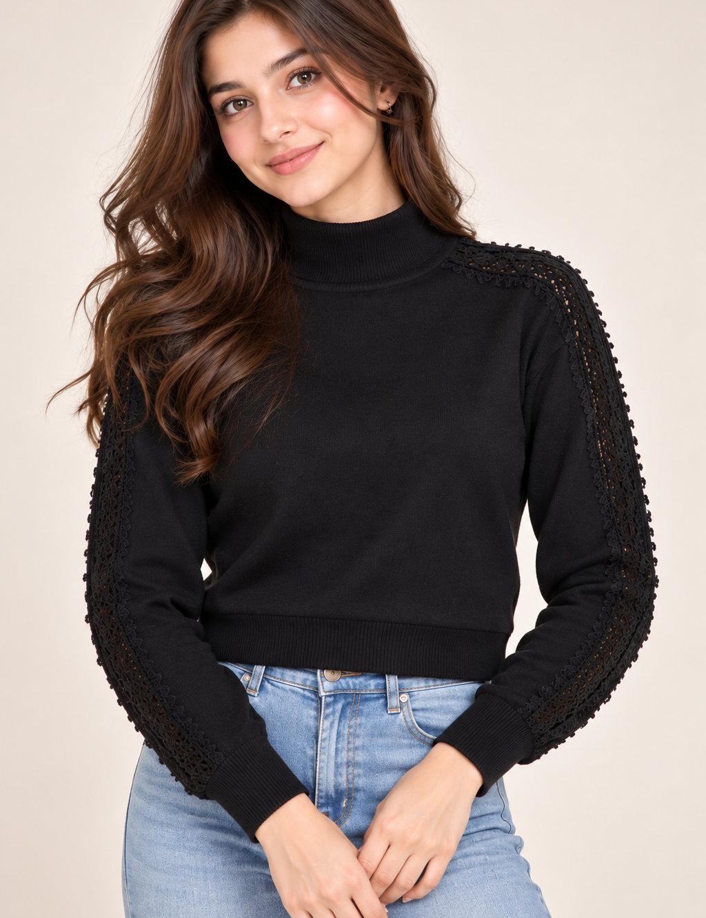 this JIGSAW women’s black lace sleeve high-neck jumper in UK Size S. Elegant, versatile and stylish UK customer return fashion.