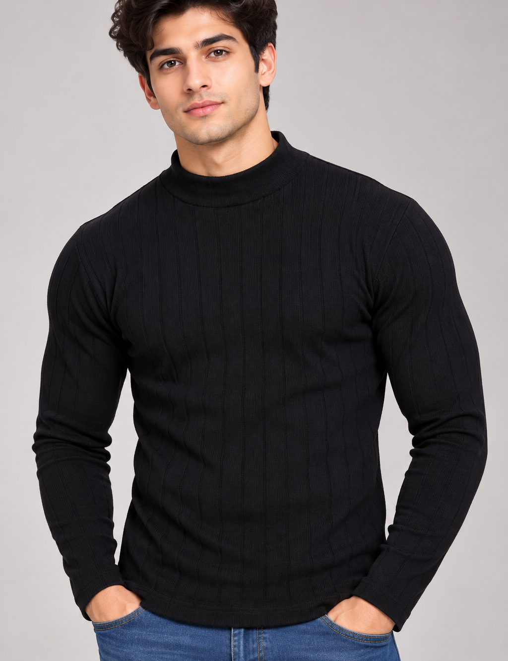  ReServed Labels Men’s Black Ribbed Mock Neck Jumper in UK Size XL. A stylish long-sleeve knit ideal for smart-casual wear and winter layering.