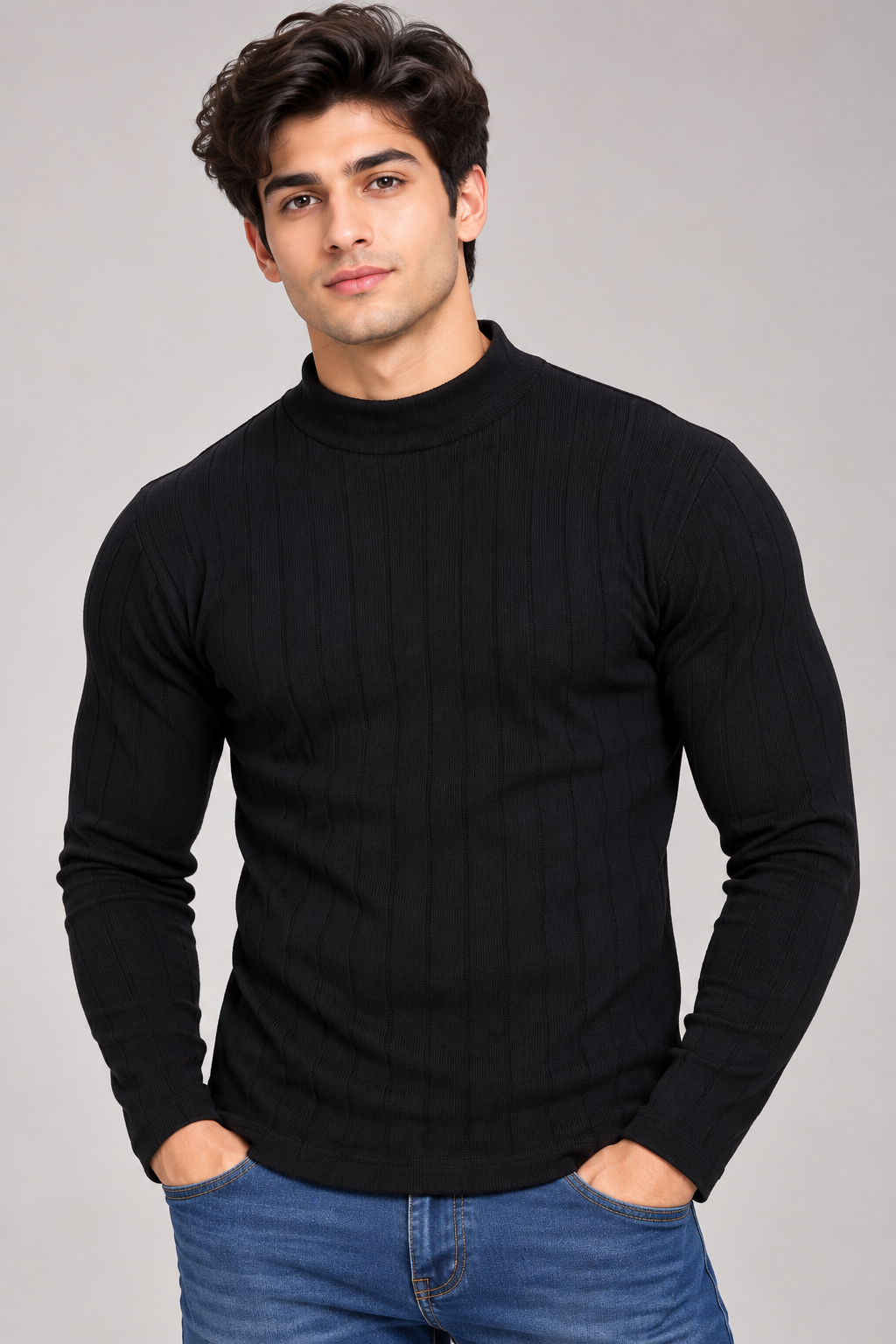  ReServed Labels Men’s Black Ribbed Mock Neck Jumper in UK Size XL. A stylish long-sleeve knit ideal for smart-casual wear and winter layering.