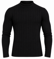  ReServed Labels Men’s Black Ribbed Mock Neck Jumper in UK Size XL. A stylish long-sleeve knit ideal for smart-casual wear and winter layering.