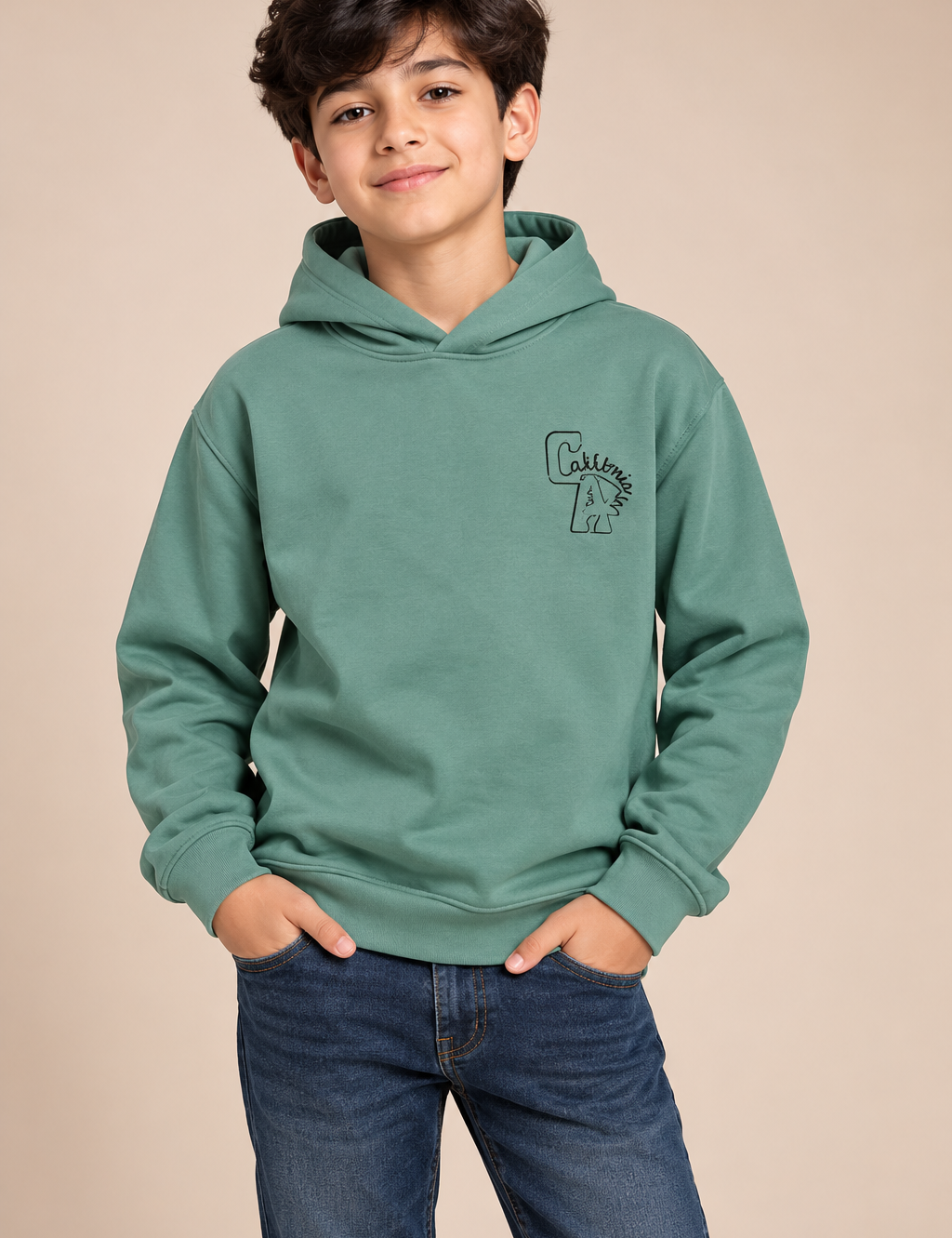  SHEIN boys sage green California hoodie in UK size 11–12 years. Stylish hooded pullover with long sleeves, perfect for casual everyday wear.