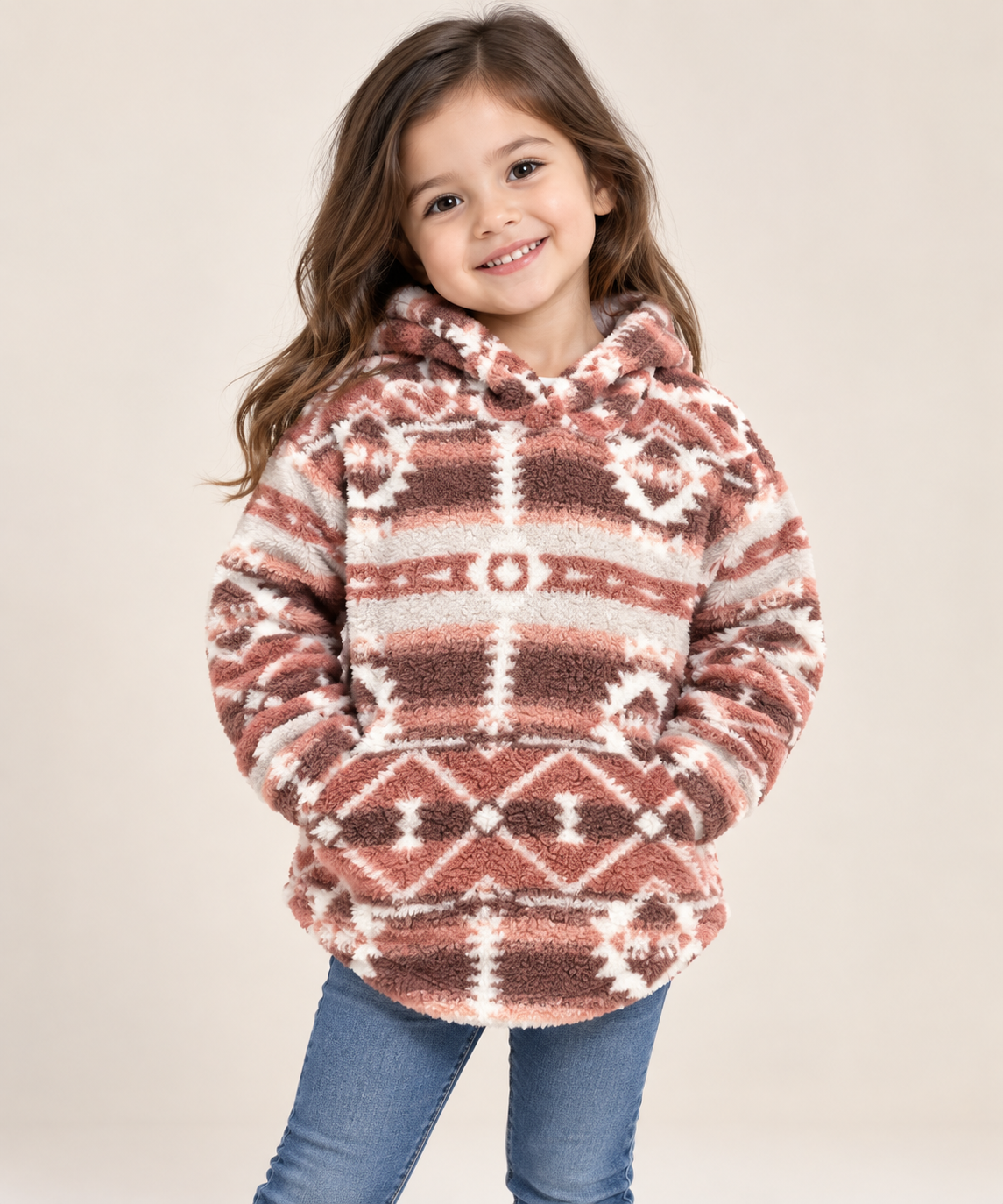  SHEIN Girls’ Aztec Print Teddy Fleece Hoodie in UK Size 4. Soft, warm and cozy hooded pullover with a stylish geometric pattern for winter wear.