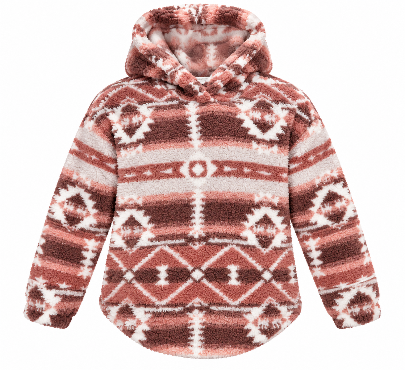  SHEIN Girls’ Aztec Print Teddy Fleece Hoodie in UK Size 4. Soft, warm and cozy hooded pullover with a stylish geometric pattern for winter wear.