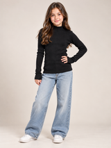 SHEIN Girls Black Ribbed High Neck Long Sleeve Top