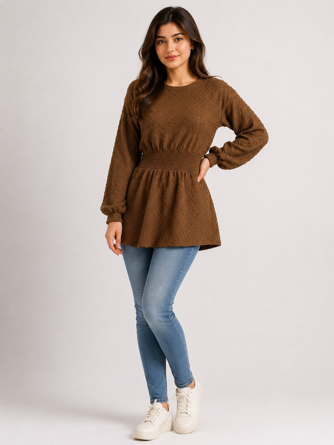  SHEIN girls’ brown textured knit peplum top in UK size S. Features long balloon sleeves, ribbed waist and stylish flared hem for casual everyday wear.