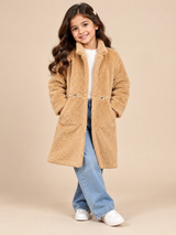 SHEIN Girls' Camel Beige Teddy Fleece Long Coat