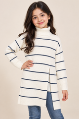 SHEIN Girls Cream & Navy Striped Turtleneck Knit Jumper