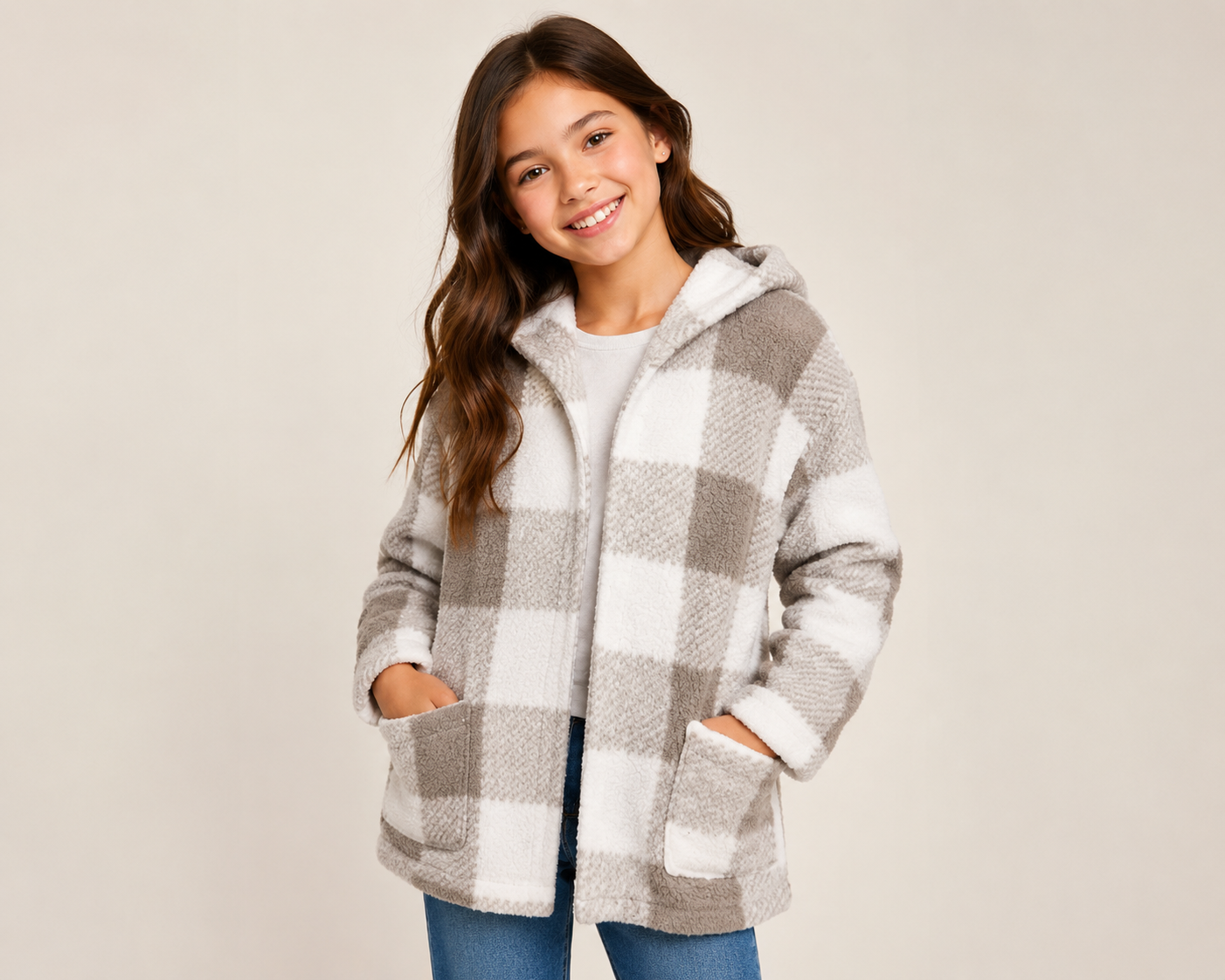  SHEIN girls' taupe and white checked fleece hooded jacket, UK size 12 years. Soft, cosy and stylish with pockets, perfect for everyday wear.