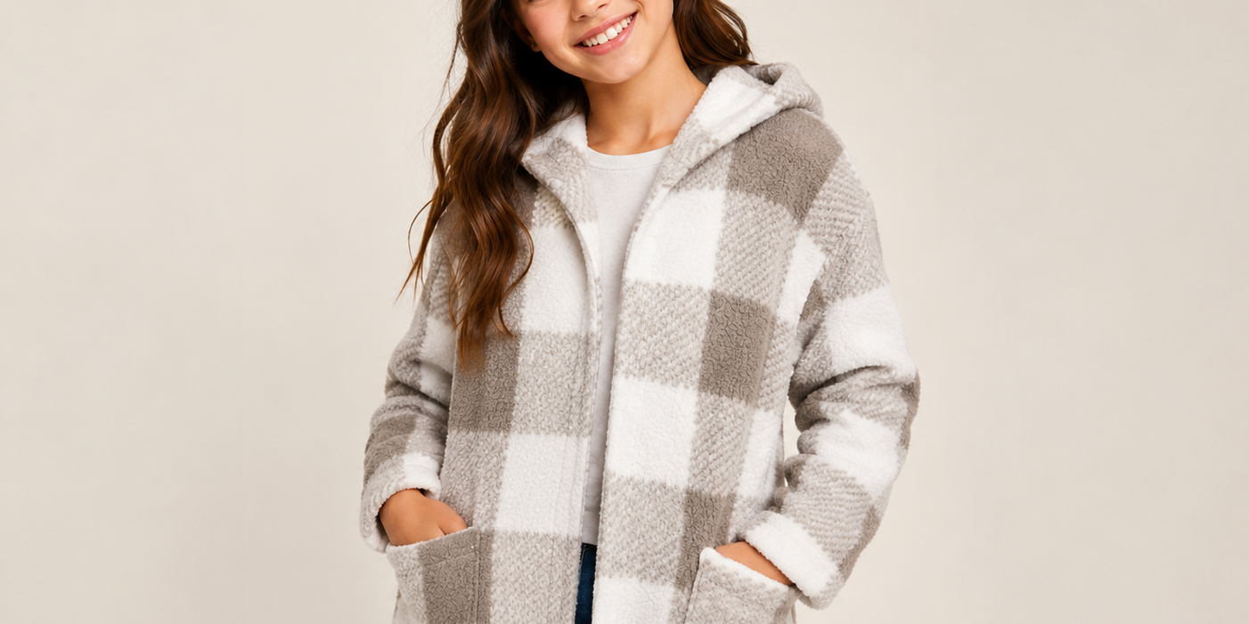  SHEIN girls' taupe and white checked fleece hooded jacket, UK size 12 years. Soft, cosy and stylish with pockets, perfect for everyday wear.