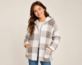 SHEIN Girls Taupe & White Check Hooded Fleece Jacket