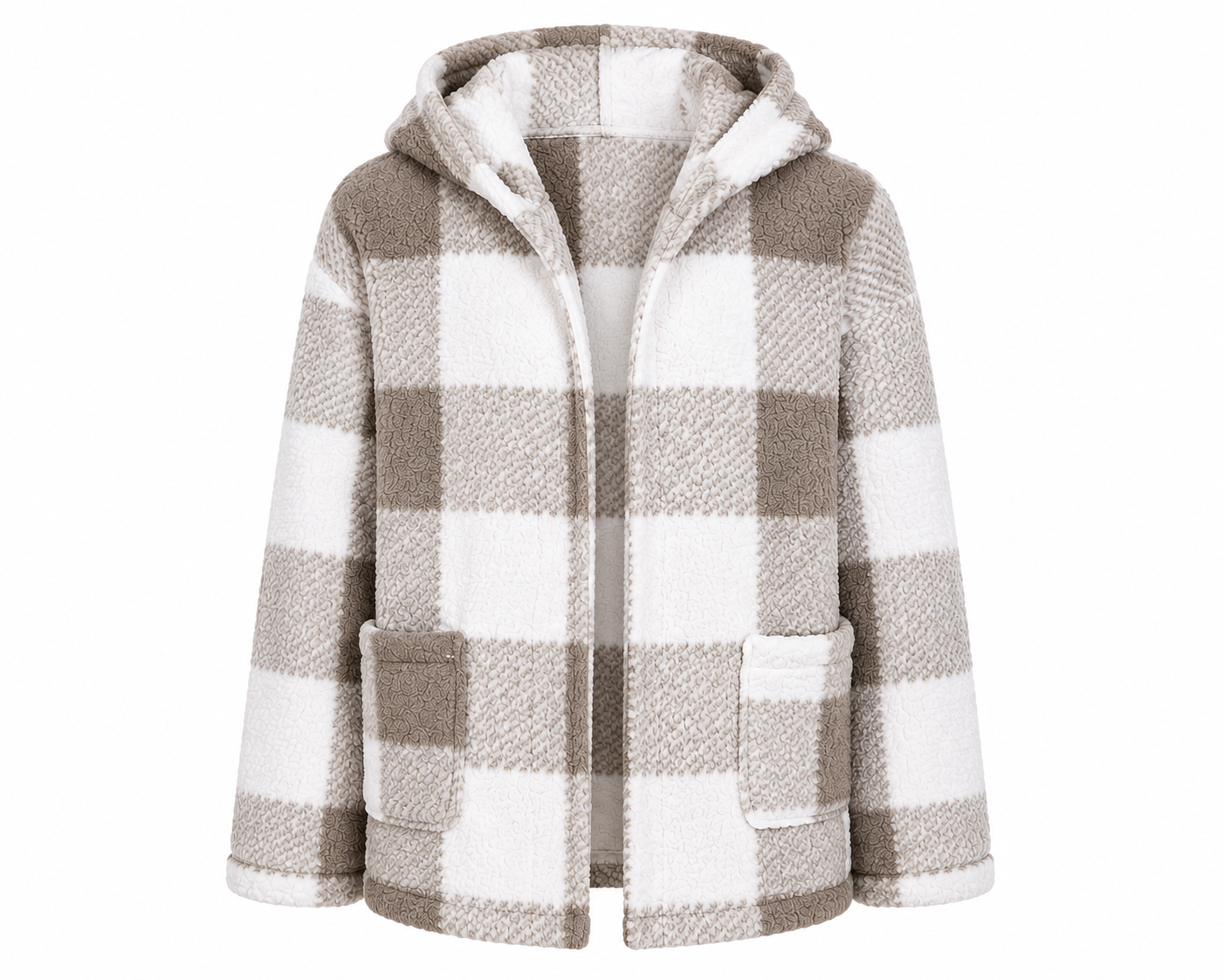  SHEIN girls' taupe and white checked fleece hooded jacket, UK size 12 years. Soft, cosy and stylish with pockets, perfect for everyday wear.