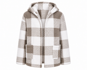  SHEIN girls' taupe and white checked fleece hooded jacket, UK size 12 years. Soft, cosy and stylish with pockets, perfect for everyday wear.