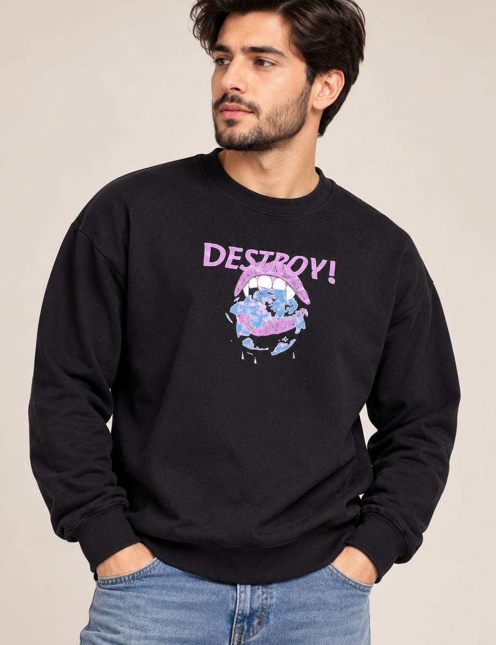 SHEIN Men’s Black DESTROY Graphic Sweatshirt in UK Size XL. A stylish crew neck sweatshirt with bold graphic print and relaxed streetwear look.
